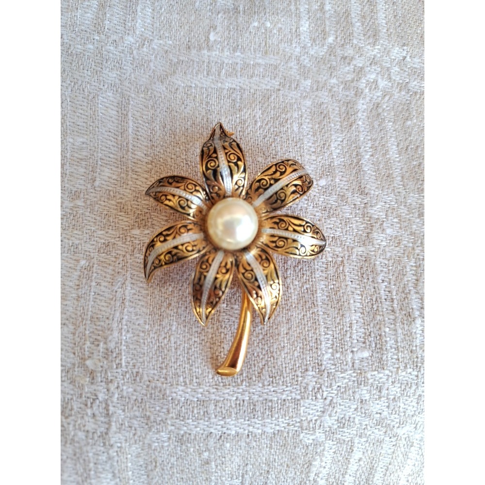 Vintage Spanish Damascene Flower Faux Pearl Brooch Gold/Silver Tone